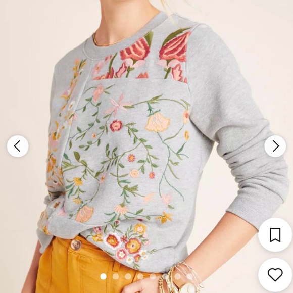 Anthropologie Sweaters - Anthropologie Gray Embroidered Floral Crewneck Sweater